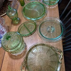 Vintage Green Depression Glass Serving Plates and Covered Dish